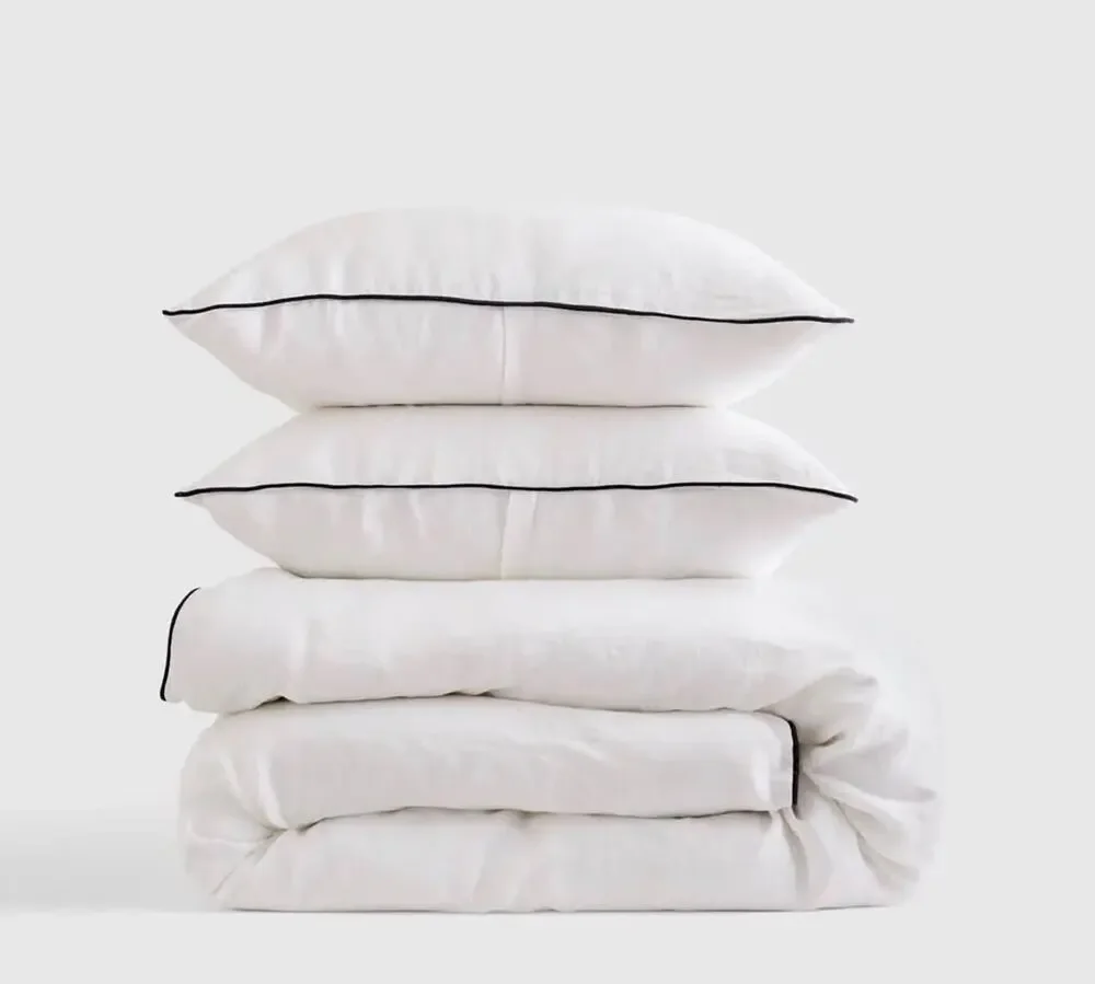 Quince Organic Linen White Piped Duvet Cover Set in size King/ Cal King